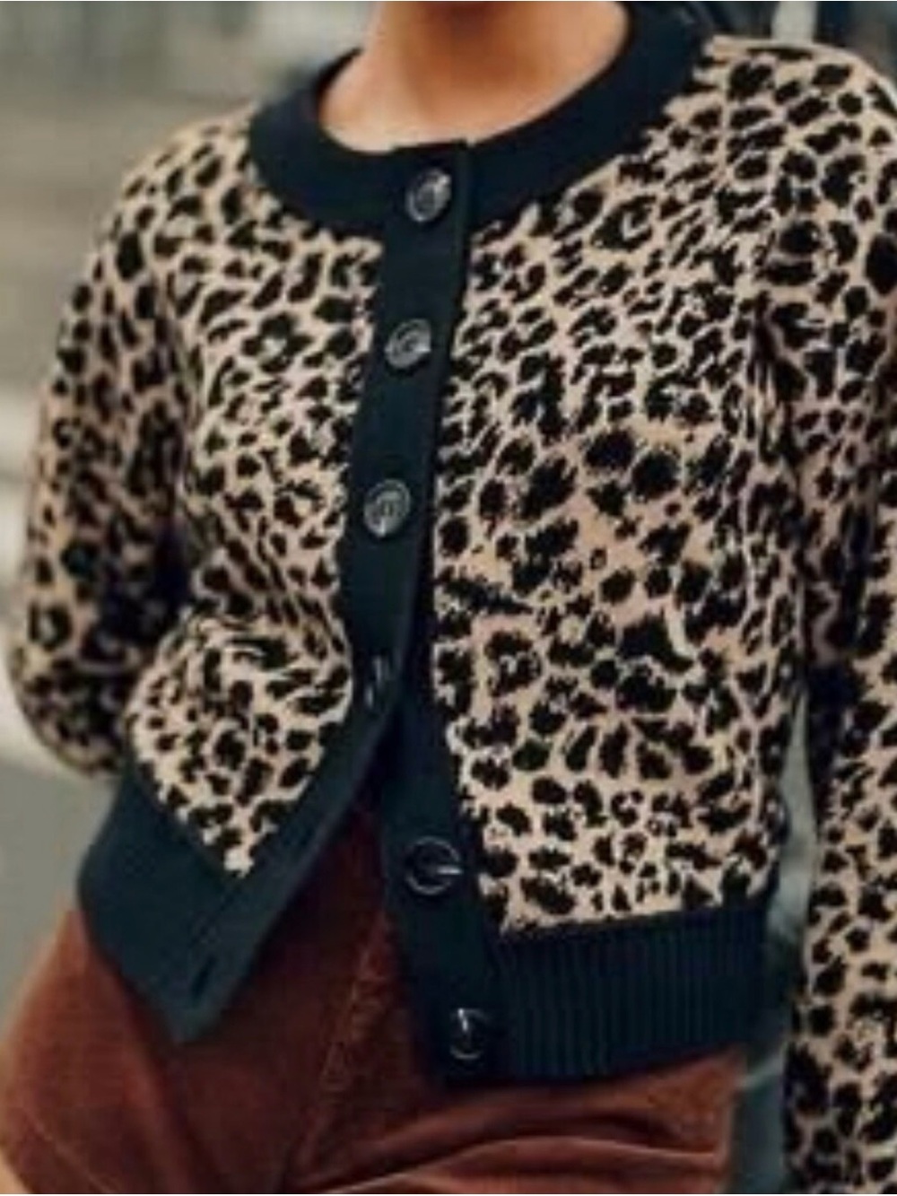 Maeve Leopard-Print Button-Front Cardigan in Tan & Black